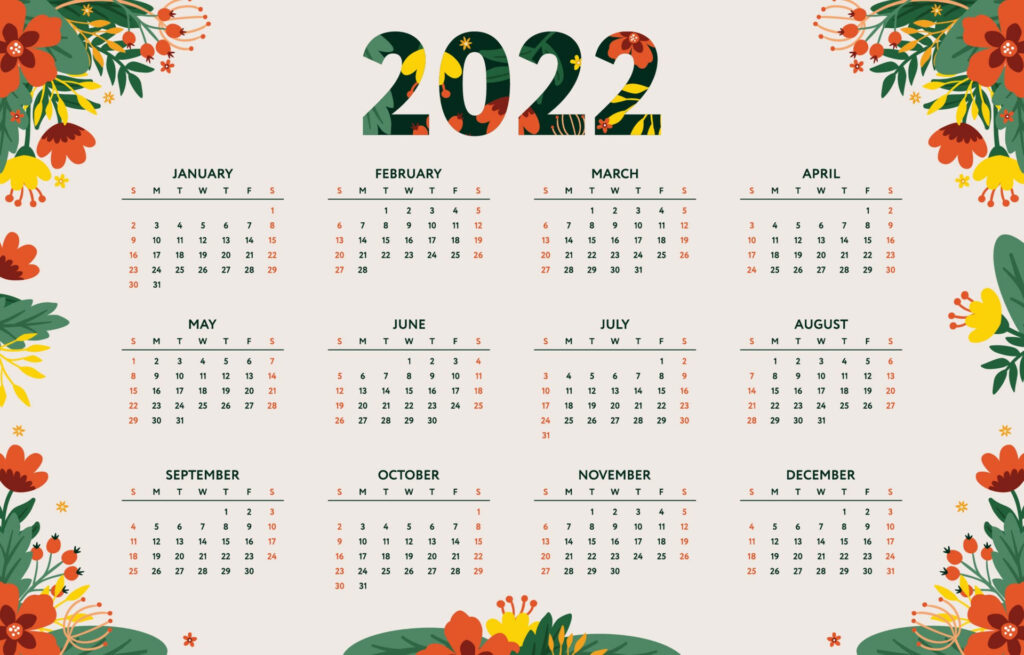 Floral 2022 calendar wallpaper with bold red green yellow patterns and minimalist modern design