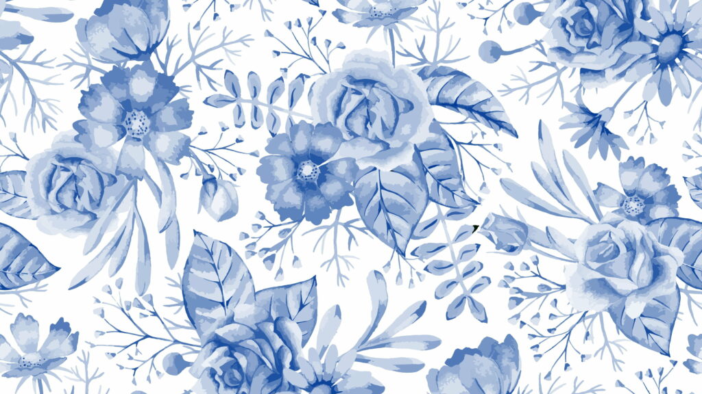 Blue Blooms wallpaper with watercolor blue roses and wildflowers on white seamless background