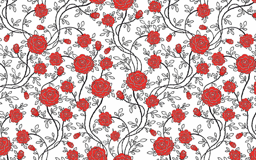 Elegant wallpaper with red roses and black vine sketches on a white background floral design