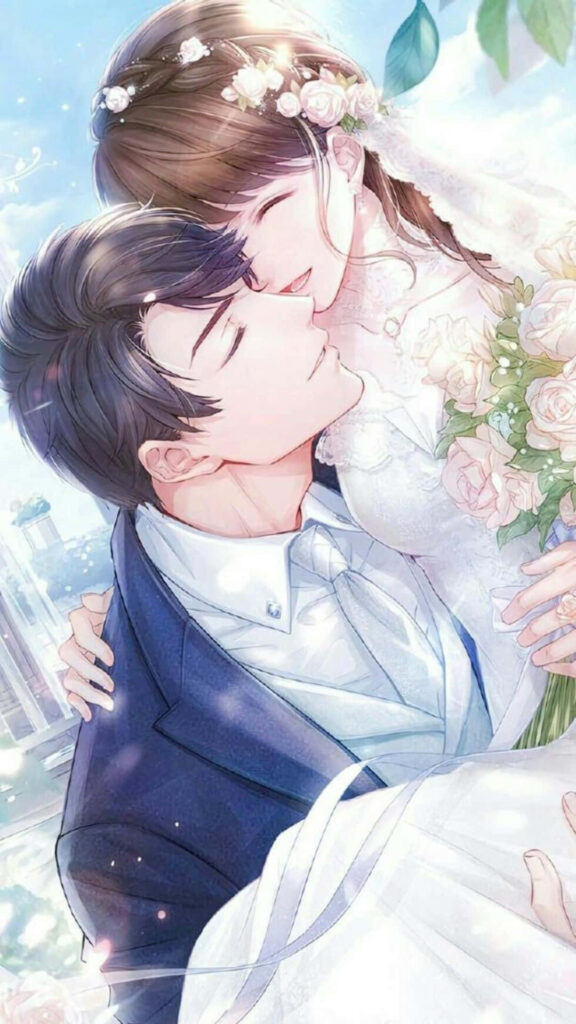 Enchanted Blossoms: A Whimsical Wedding Moment Captured in an Animated Love Story Wallpaper