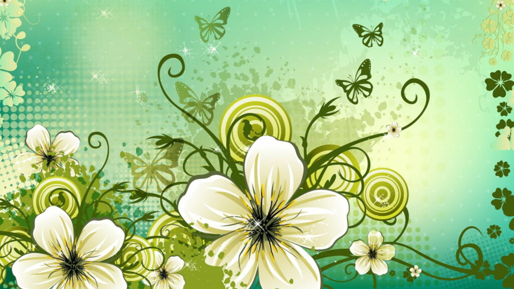 Vibrant digital wallpaper with white vector flowers butterflies and swirling vines on green gradient