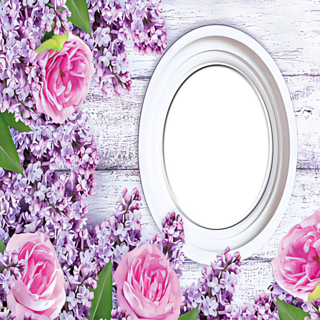 Customizable Floral Frame with Pink Roses & Lilacs on White Background Wallpaper