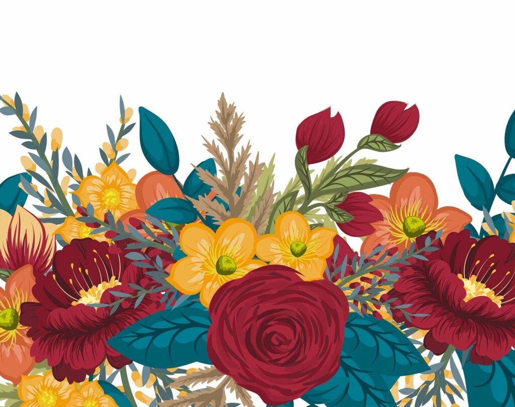 Vibrant floral fusion vector with red roses yellow blossoms and teal leaves on white background Wallpaper