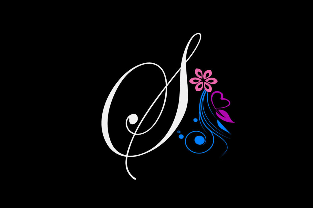 Elegant digital wallpaper with cursive white S and vibrant floral accents on black background