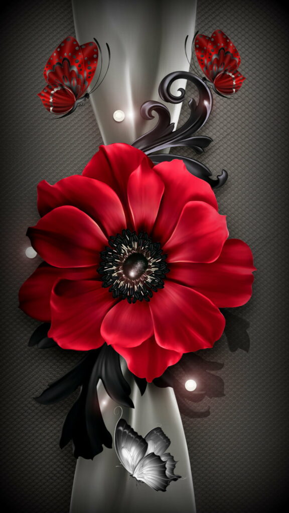 Bursting Blooms: A Vivid Floral Tapestry with Graceful Butterflies in Abstract Splendor, a Gris Lotus Blossoming in Radiant Reds - Vibrant HD Phone Wallpaper Background