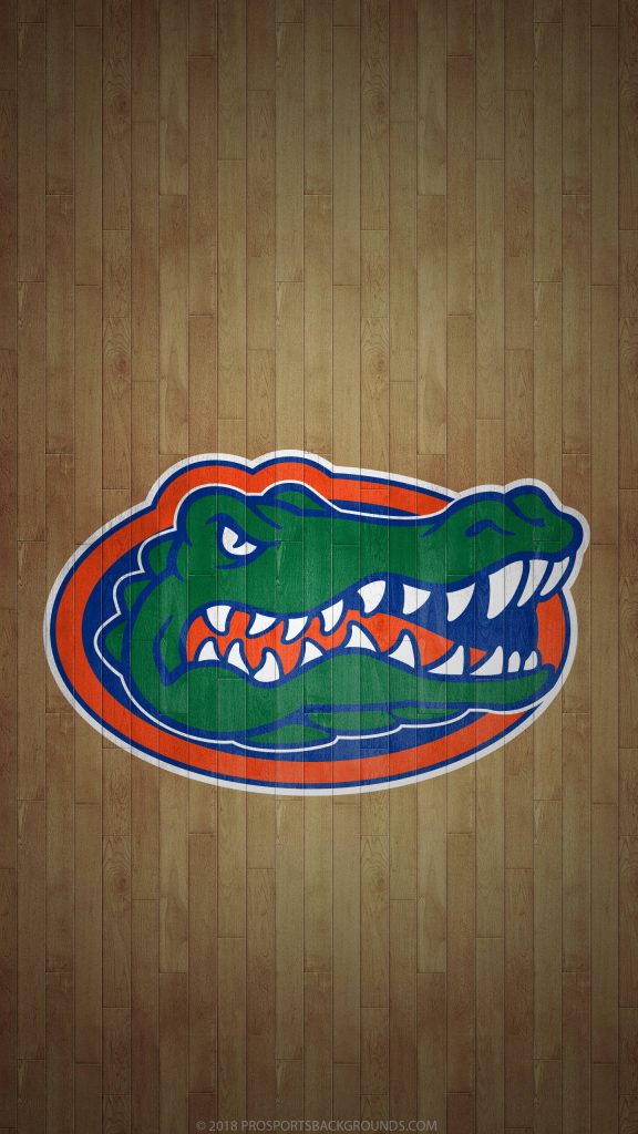 Florida Gators logo on wooden basketball court floor vibrant orange and blue wallpaper background