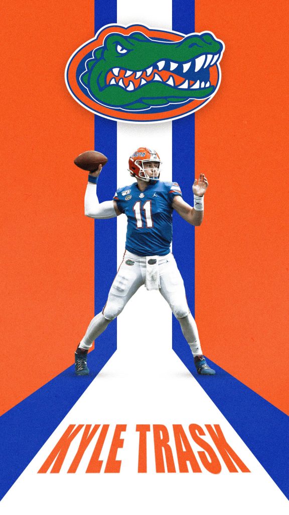 Florida Gators wallpaper with quarterback Kyle Trask mid-pass in orange blue jersey and logo