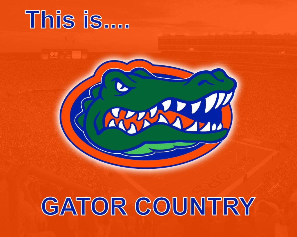 Florida Gators logo wallpaper featuring alligator mascot over orange Swamp stadium background