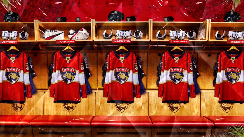 Florida Panthers locker room with red white gold jerseys vibrant NHL hockey wallpaper background