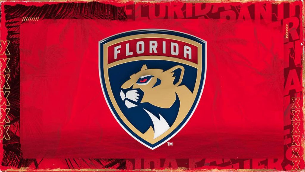 Florida Panthers logo on textured red background with distressed design and NHL hockey motifs Wallpaper