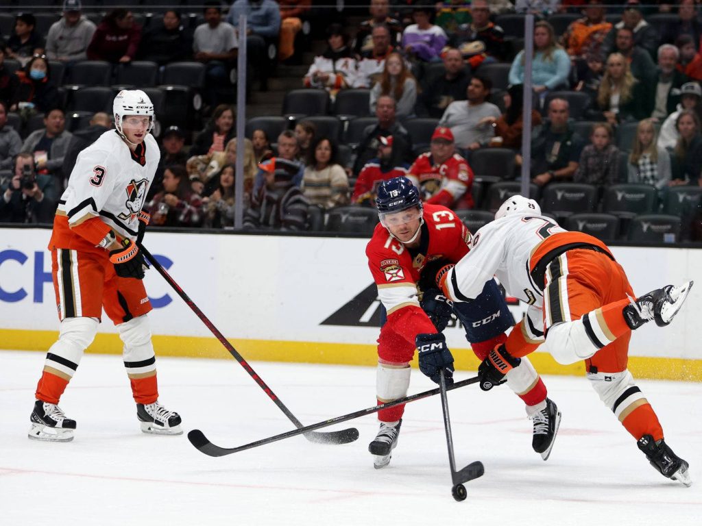 Florida Panthers Sam Reinhart battles Anaheim Ducks players intense NHL hockey action wallpaper