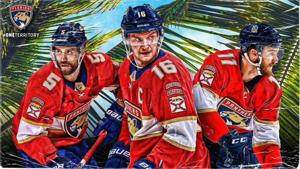 Florida Panthers wallpaper with stars Ekblad Barkov Huberdeau palm leaf NHL hockey background