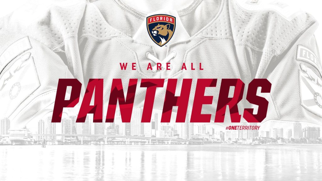 Florida Panthers wallpaper with team logo white jersey rallying cry city skyline background