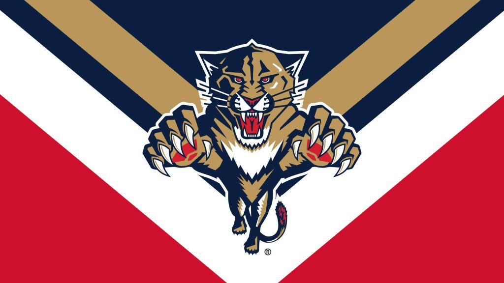 Florida Panthers wallpaper with aggressive leaping panther logo on bold navy red gold background