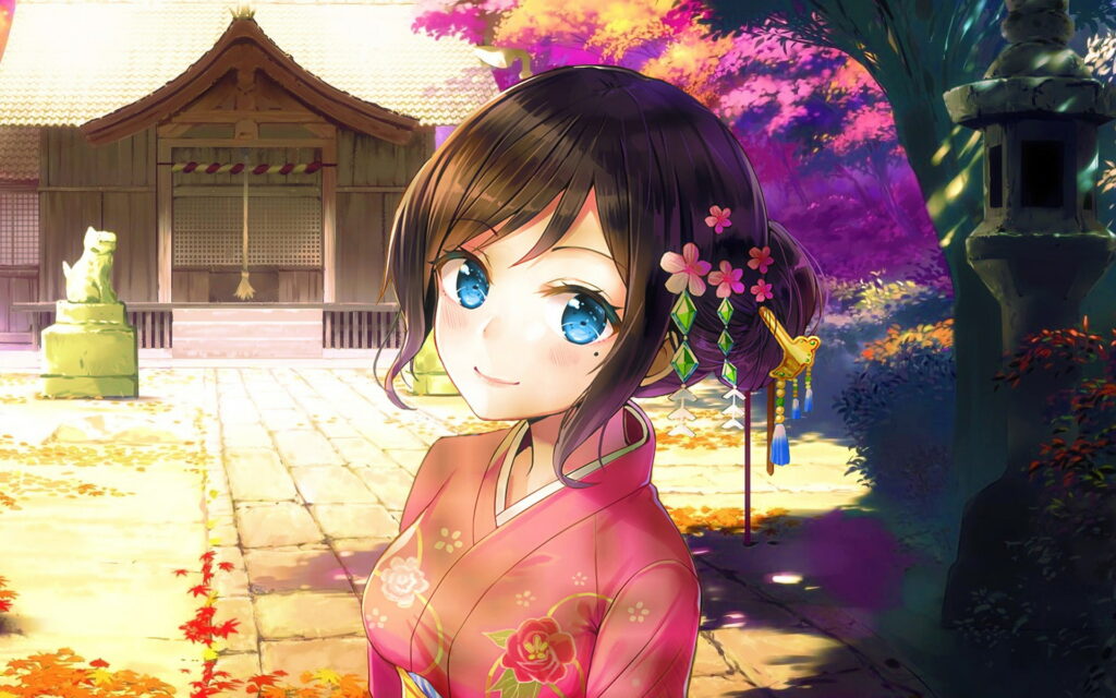 Blooming in Kimono: A Stunning HD Wallpaper of a Cute Anime Girl with Flower Design