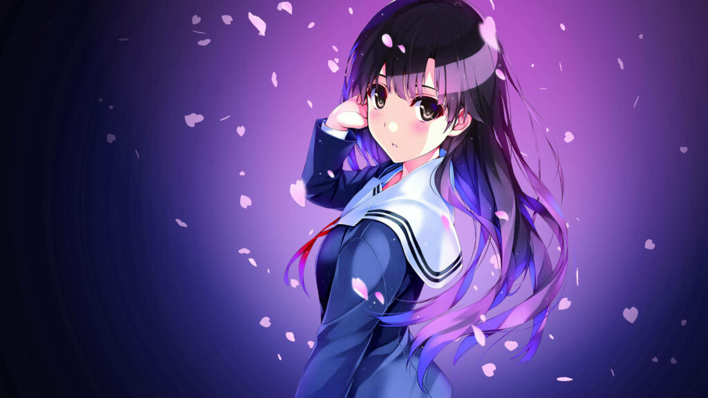 Anime Schoolgirl: HD Wallpaper of a Purple-Haired Beauty in a Sakura-Adorned Background