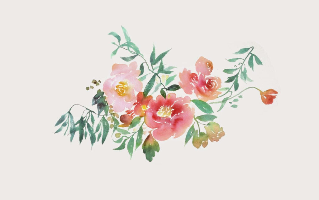 Boho floral watercolor artwork with pink coral blooms and green leaves on neutral background Wallpaper