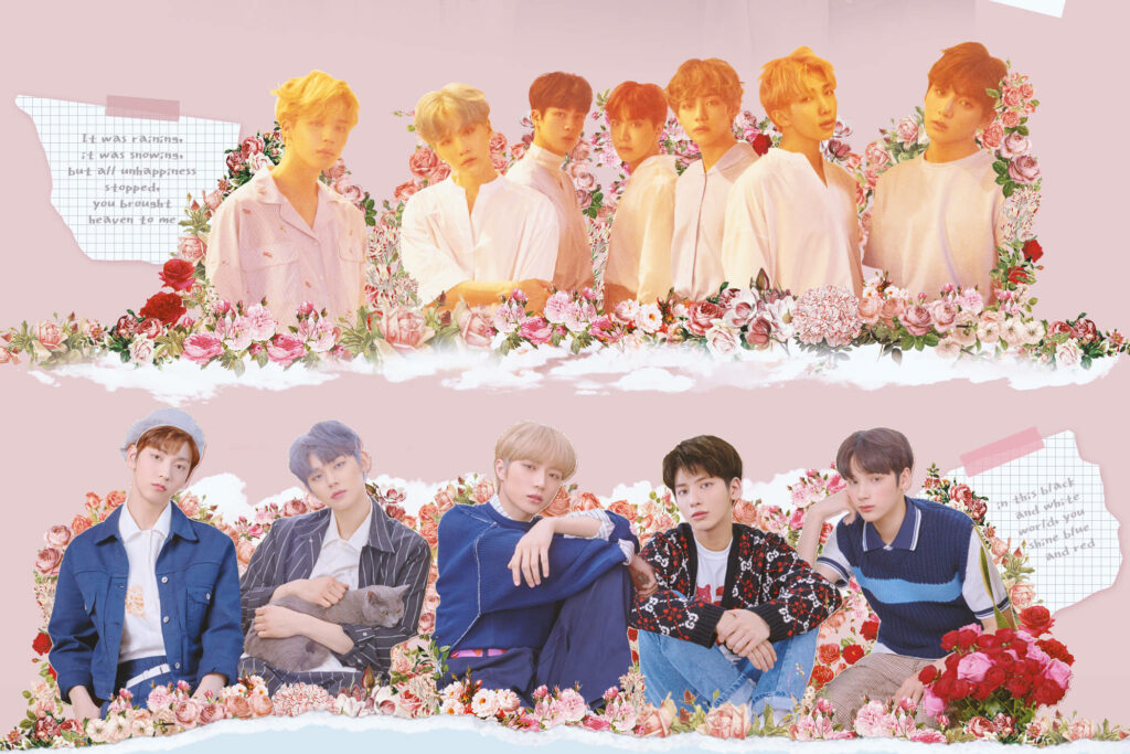 Blooming K-pop Harmony: A Txt and BTS Collage Wallpaper with Floral Motifs and Pink Background