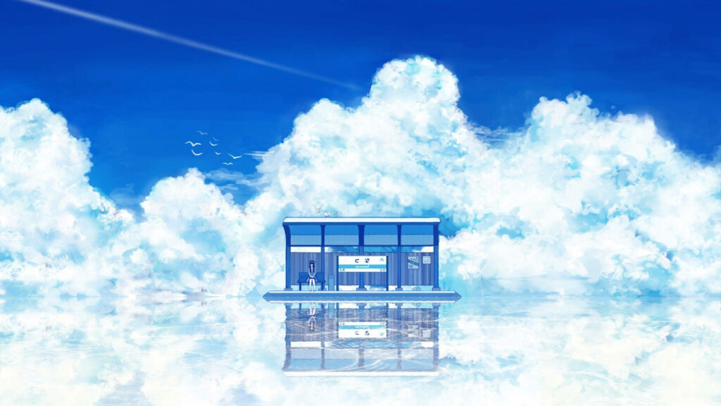Whimsical Anime Scene Portraying a Girl's Wait at a Heavenly Bus Stop, Surrounded by a Fluffy Cloudscape Wallpaper