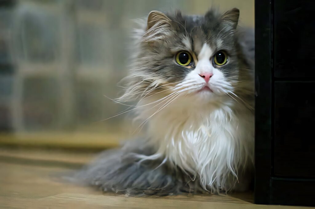 Curious Fluffy Cat Peeking from Corner - Soft Blurred Background Wallpaper