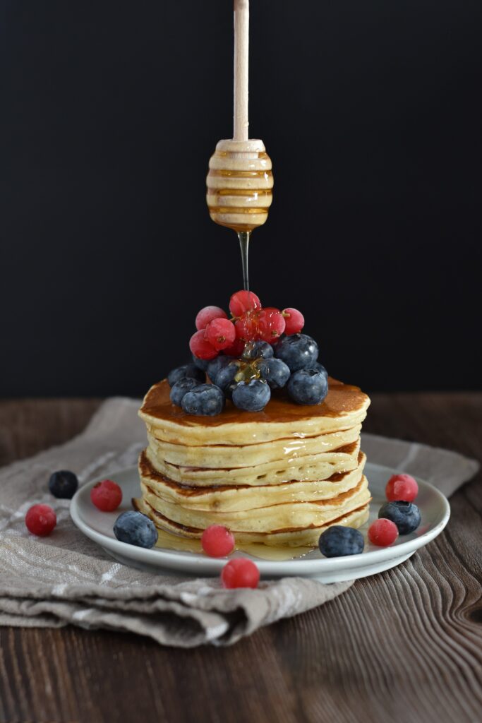Delicious Fluffy Pancakes with Berries & Honey - Wallpaper Background