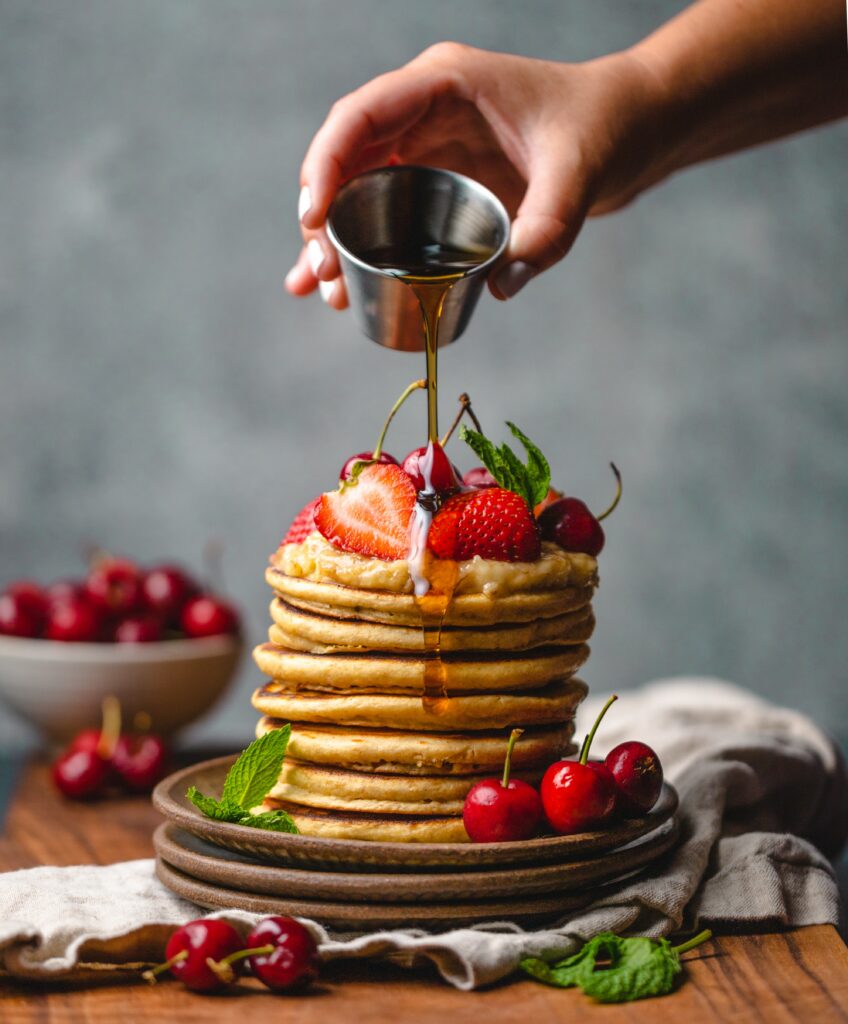 Fluffy Pancakes with Strawberries & Honey - Rustic Wallpaper Image