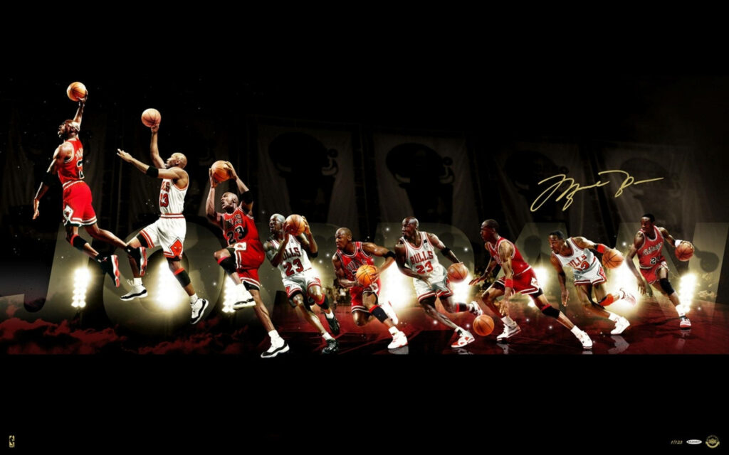 The Legends Collide: Captivating Time-Lapse Shot of Michael Jordan Mastering the Game in HD Wallpaper