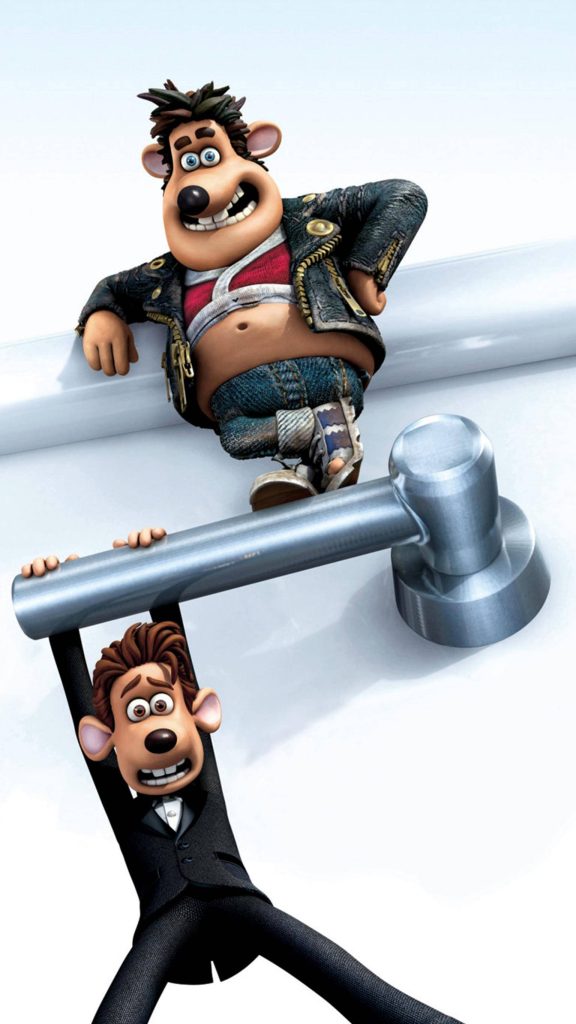 Flushed Away 3D wallpaper Roddy St James hanging Sid leaning chrome bathroom handle white background