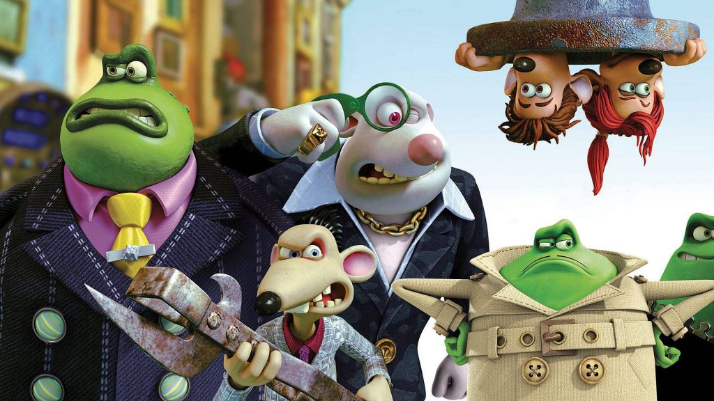 Flushed Away 3D wallpaper with Toad, Whitey, Spike, Le Frog, Roddy and Rita hanging upside down