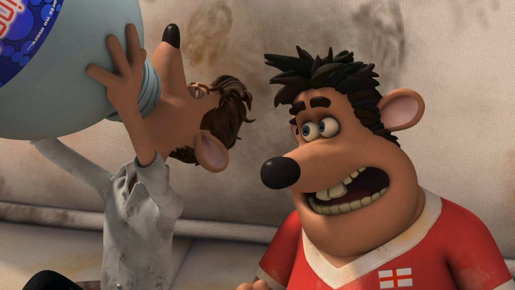 Flushed Away 3D CGI wallpaper Roddy St James drinking water Sid sewer rat England jersey