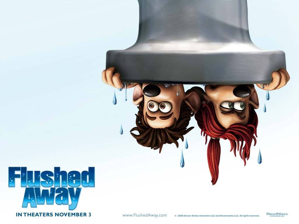 Flushed Away 3D wallpaper featuring Roddy and Rita hanging from grey drainpipe with water droplets