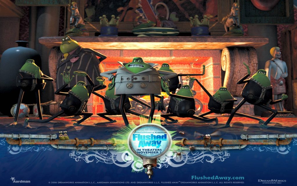 DreamWorks Flushed Away CGI wallpaper green frog commandos white coat fireplace background