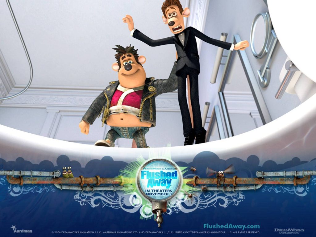 CGI Flushed Away wallpaper featuring Roddy St James and Sid over sewer pipes animated film art