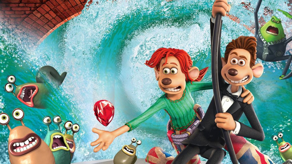 Flushed Away CGI wallpaper Roddy and Rita swing in sewer reaching glowing ruby with colorful slugs