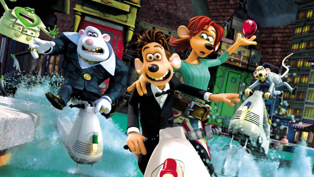 Flushed Away CGI wallpaper Roddy and Rita racing scooter chased by hench-rats vibrant action scene