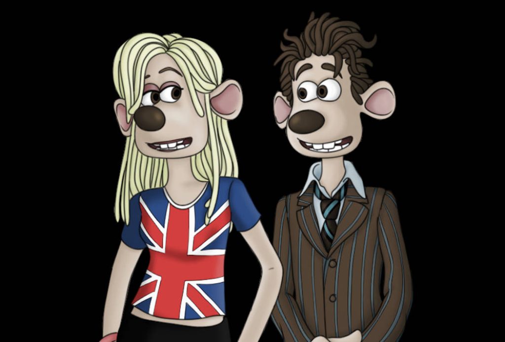 Flushed Away Rita Malone in Union Jack shirt with Roddy St James brown suit black background wallpaper
