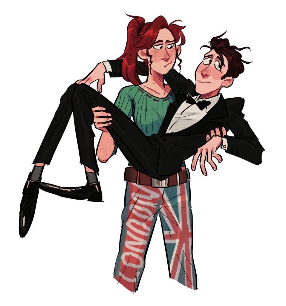 Playful digital art of humanized Flushed Away characters Rita carrying Roddy in tuxedo Union Jack pants Wallpaper