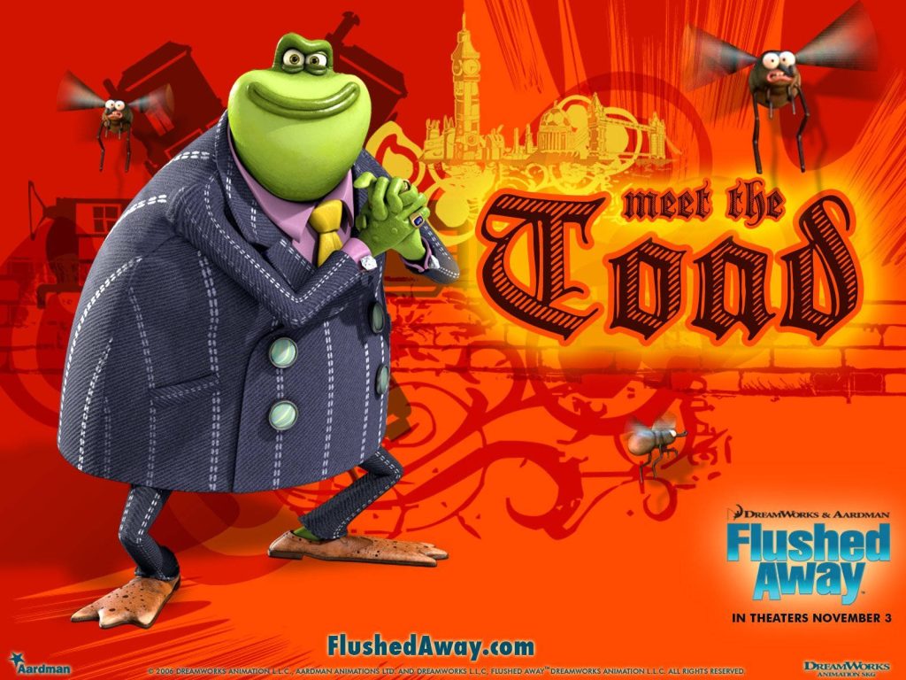 Flushed Away villain Toad in pinstripe suit on bold orange London background CGI wallpaper