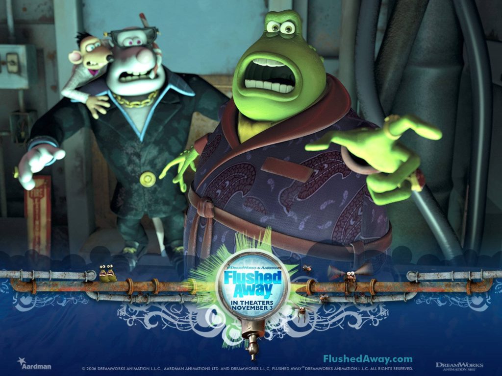 Toad and henchman Spike from Flushed Away 3D CGI wallpaper in gritty sewer background