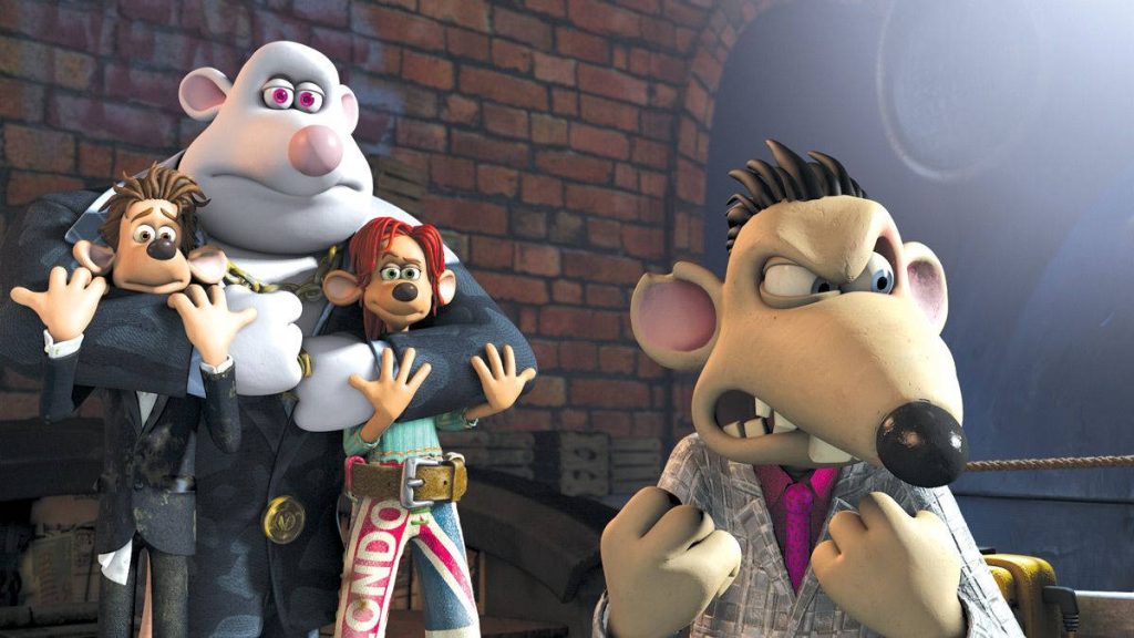 Flushed Away wallpaper with Whitey rat holding Roddy and Rita and scowling Toad villain