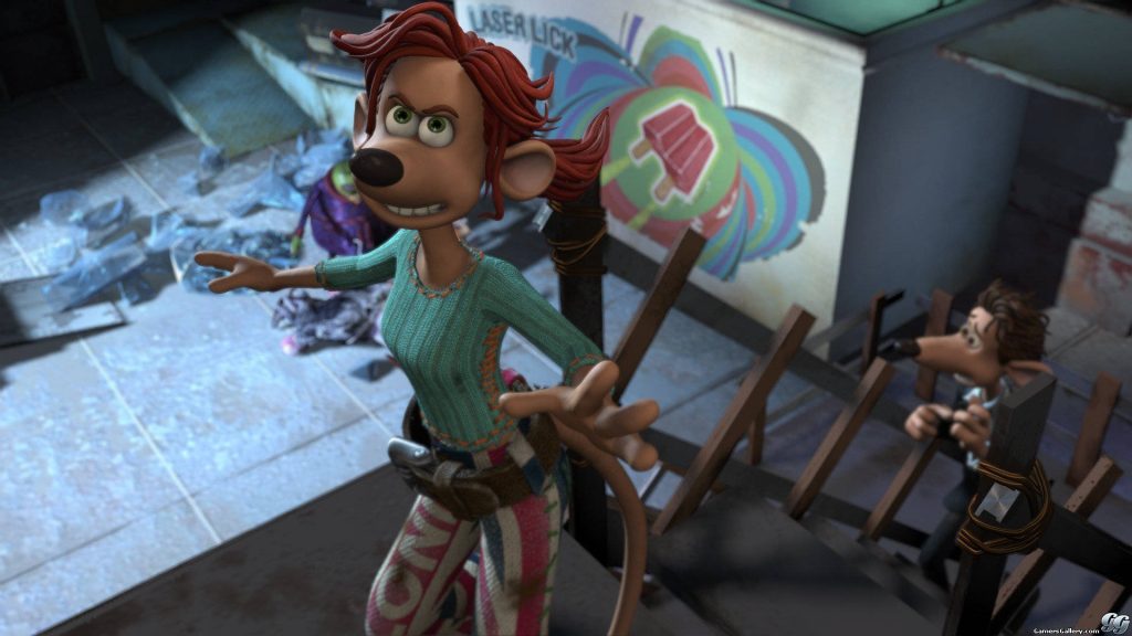 Flushed Away wallpaper featuring fierce Rita Malone with red hair and Laser Lick sewer background