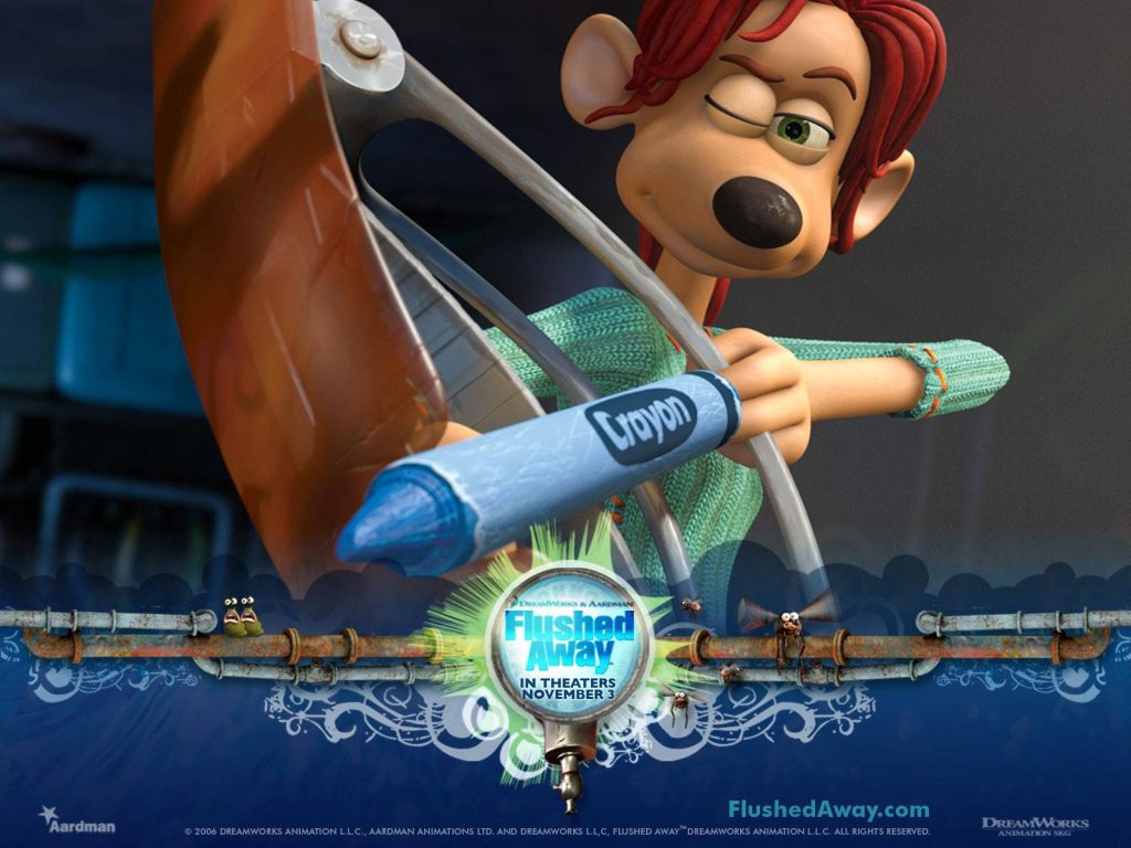 Flushed Away wallpaper of red-haired Rita winking with blue crayon bow in blue sewer background