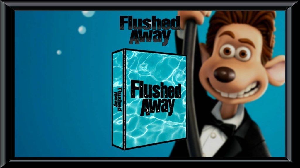Flushed Away wallpaper with Roddy St James in tuxedo peeking from DVD case underwater bubbles background