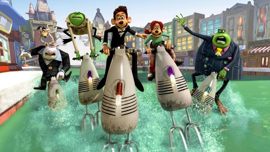 Flushed Away wallpaper with Roddy Rita Whitey Spike Le Frog racing on electric hand mixers in sewer