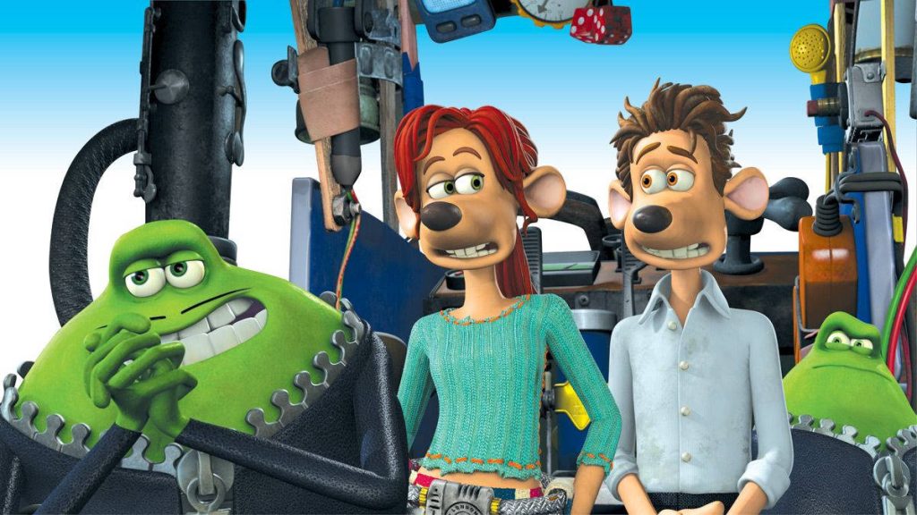 Flushed Away wallpaper with Roddy and Rita mice and funny green slugs in vibrant 3D CGI scene