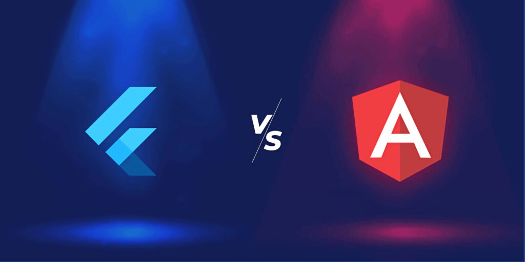 Flutter and Angular logos illuminated by blue and red lights with bold versus symbol background Wallpaper