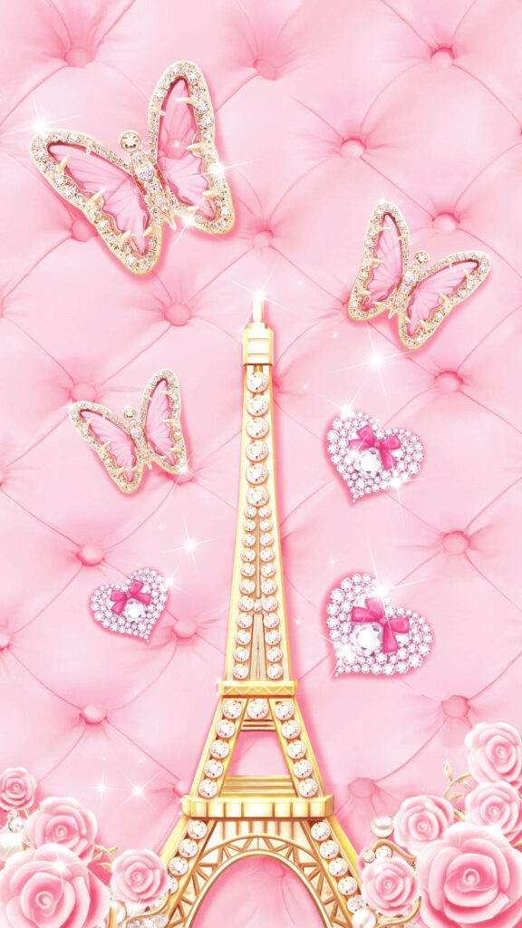Eiffel Tower Dream: Whimsical Butterfly Delight with Glistening Gems Wallpaper