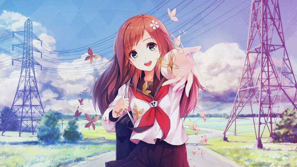 Enchanting Anime Maiden Embracing Butterflies in HD Wallpaper