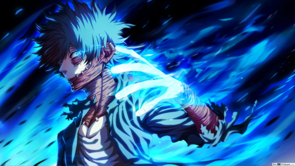 Dabi from My Hero Academia Embraced by Blue Flames in Menacing Pose Wallpaper
