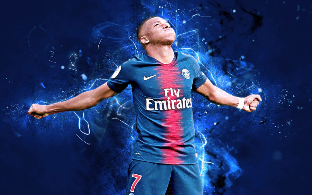 Rising Above: Kylian Mbappe 4K Digital Fanart Wallpaper in Fly Emirates Uniform